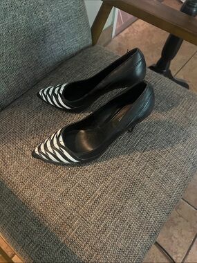White House Black Market Black and White Striped Pointed Toe Pumps